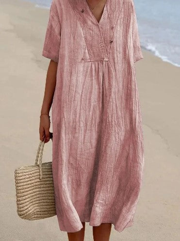 Damen lässiges Midi-Kleid mit V-Ausschnitt und bequemen Kurzärmeln Heidi-Mode