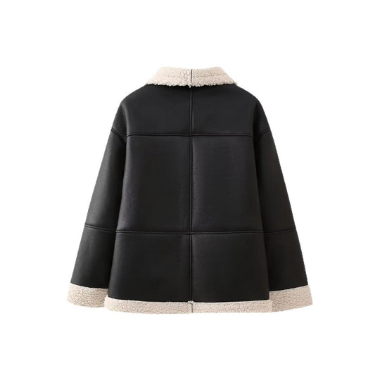 Damen Kunstlederjacke mit gemütlichem Teddyfutter und praktischen Taschen Heidi-Mode