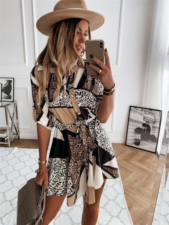 Damen Modisches Hemdblusenkleid mit geometrischem Muster und taillierbarem Knoten Heidi-Mode