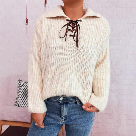 Damen lässiger Strickpullover mit dekorativem Schnürdetail und breiten Ärmel Heidi-Mode