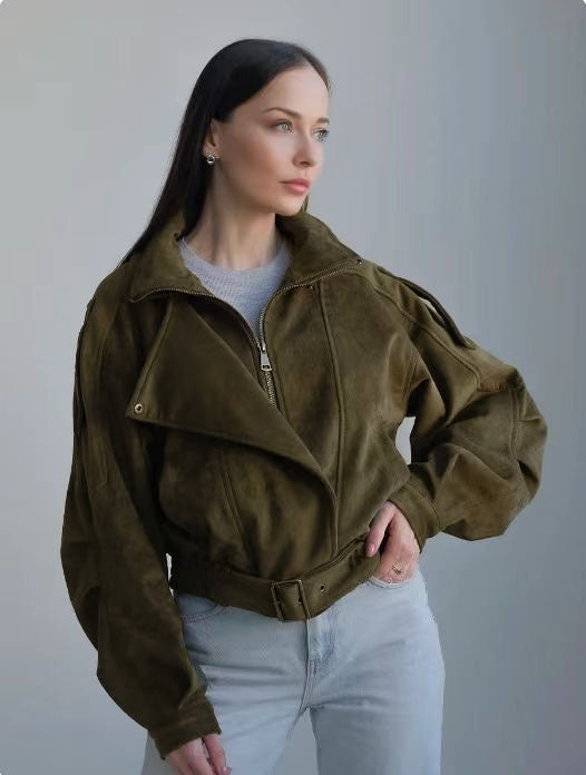 Damen Stilvolle Kurzjacke mit Gürtel und asymmetrischem Schnitt Heidi-Mode