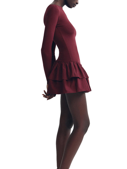 Damen Minikleid mit asymmetrischem Rüschenbesatz und eleganten langen Ärmeln Heidi-Mode
