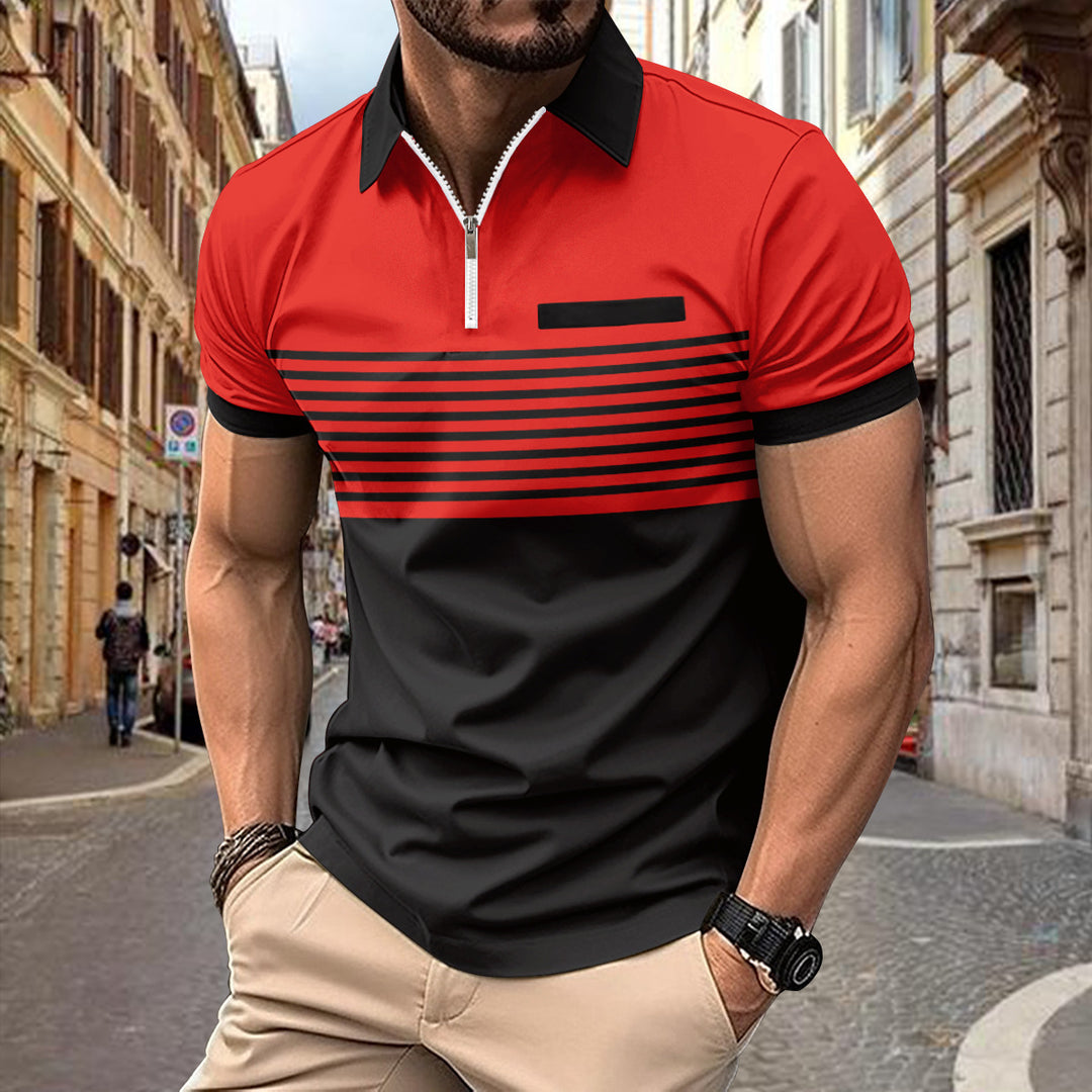 Herren Poloshirt mit modischem Reißverschluss und sportlichem Streifenmuster Heidi-Mode