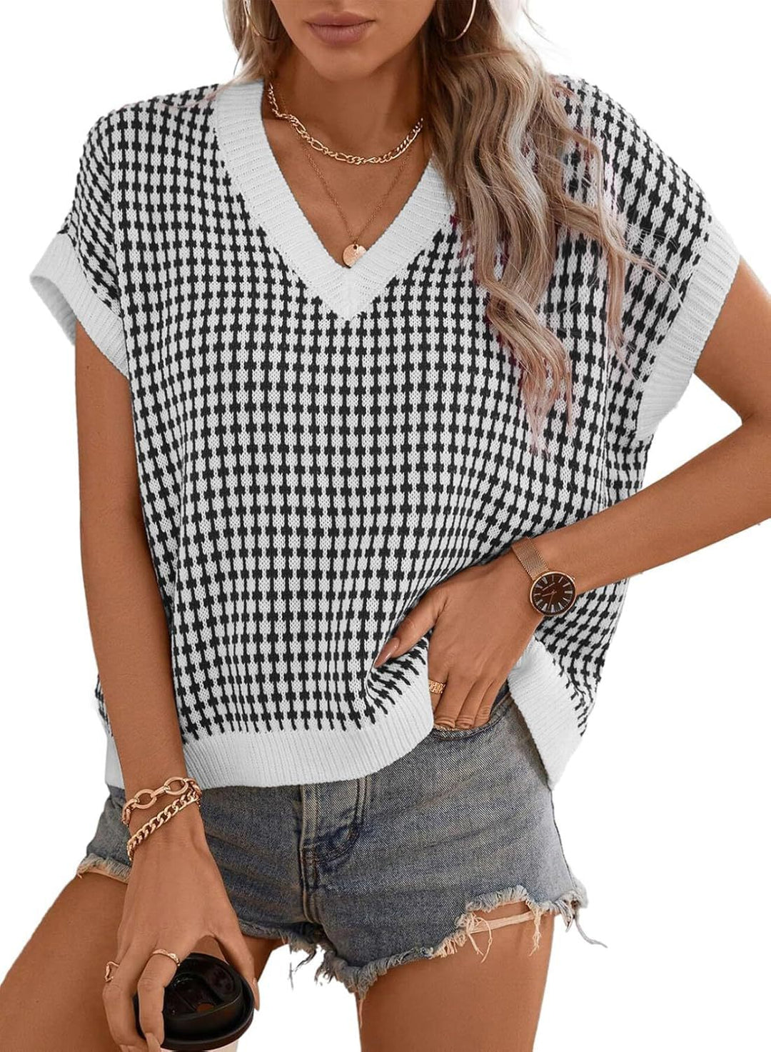 Damen lässiger V-Ausschnitt Pullover mit geometrischem Muster Heidi-Mode