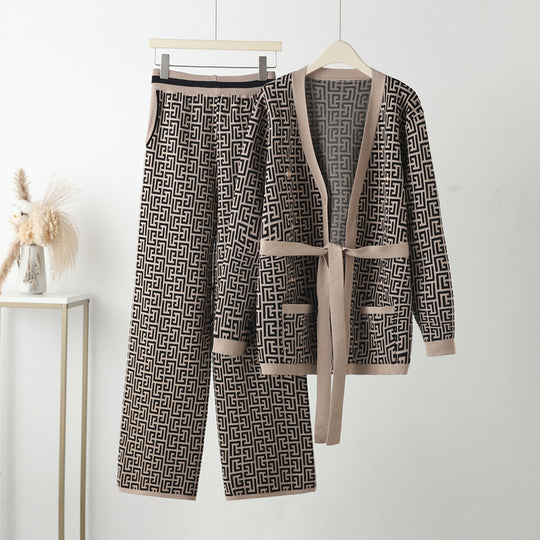 Damen lässiges Strick-Loungewear-Set mit geometrischem Muster Heidi-Mode