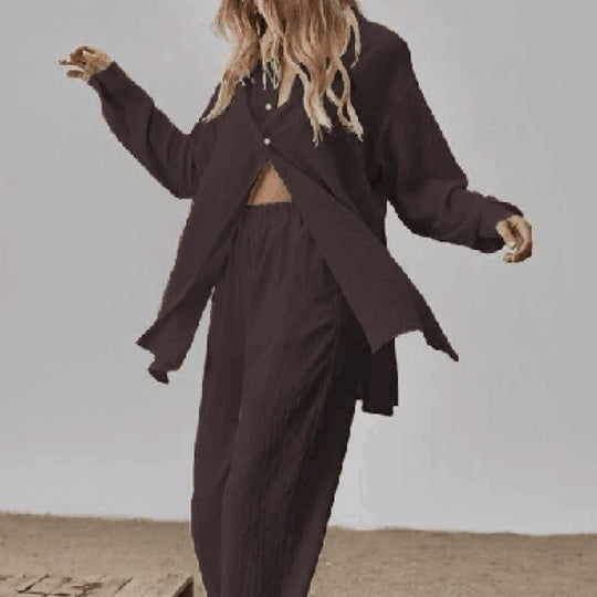 Damen bequemes Schlafanzug-Set mit knöpfbarem Oberteil und lockeren Hosen Heidi-Mode