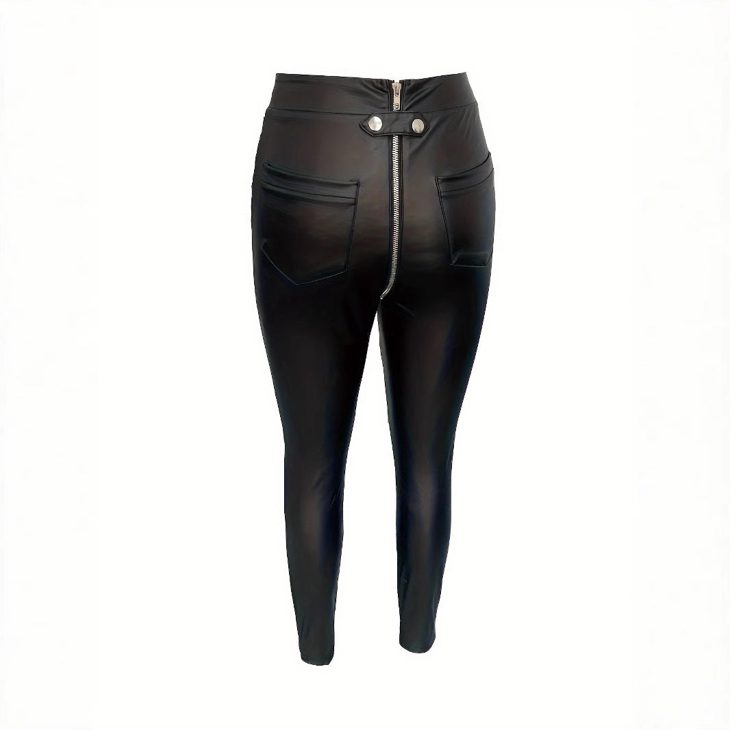Damen Modische Kunstlederleggings mit Reißverschluss und Taillierung Heidi-Mode