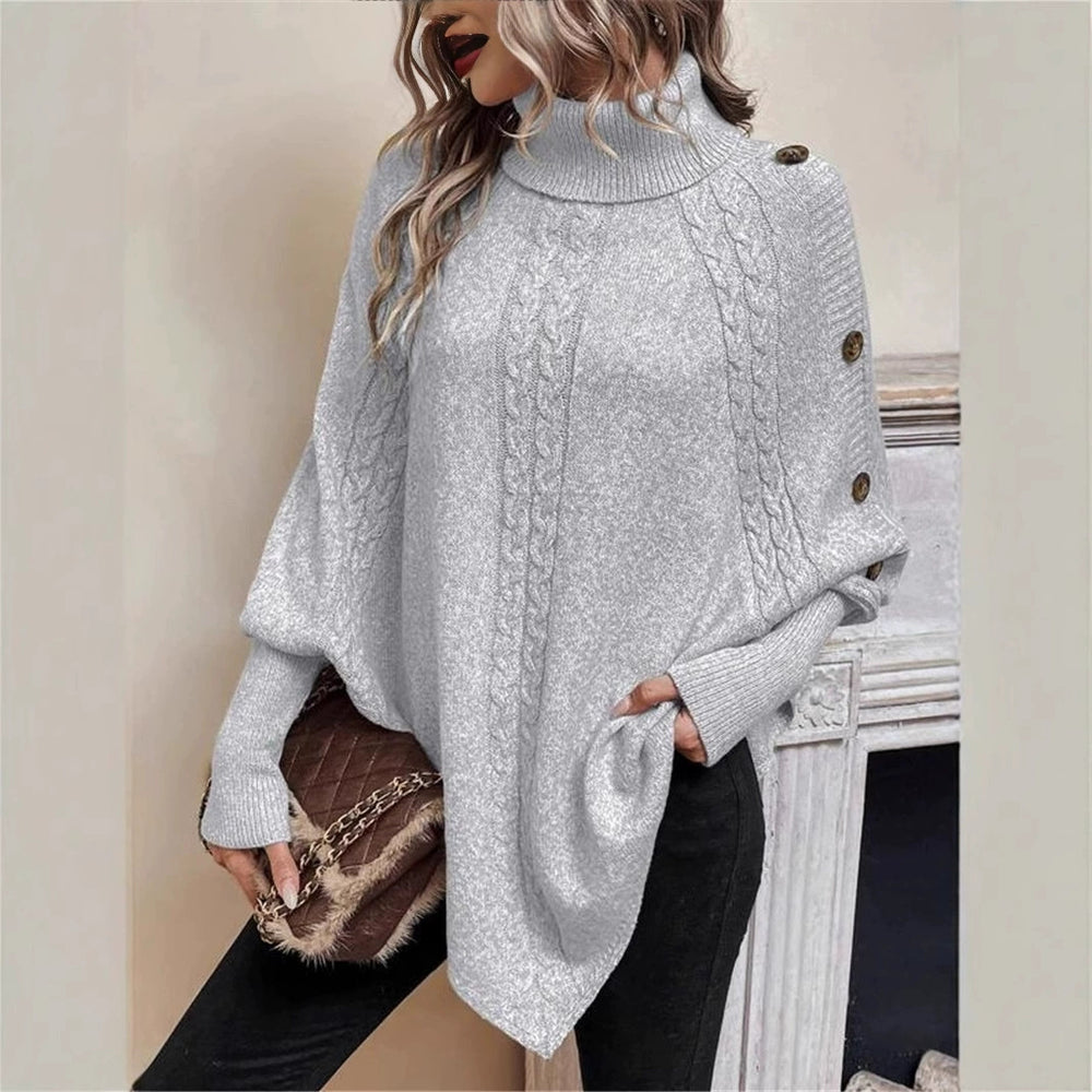 Damen Oversized Pullover mit hohem Kragen und dekorativem Zopfdesign Heidi-Mode