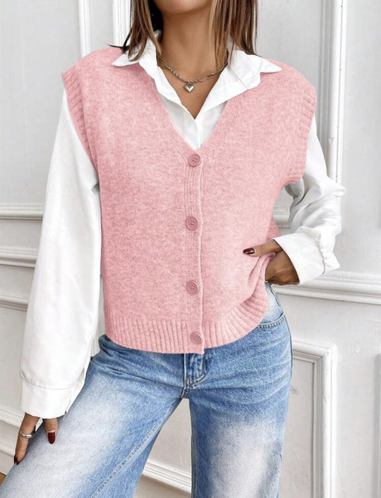 Damen Strickweste mit V-Ausschnitt und modischen Knöpfen Heidi-Mode