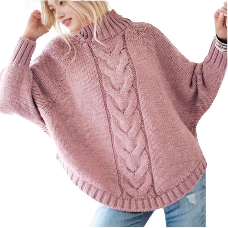 Damen Grobstrick Pullover mit hohem Kragen und dekorativem Zopfmuster Heidi-Mode