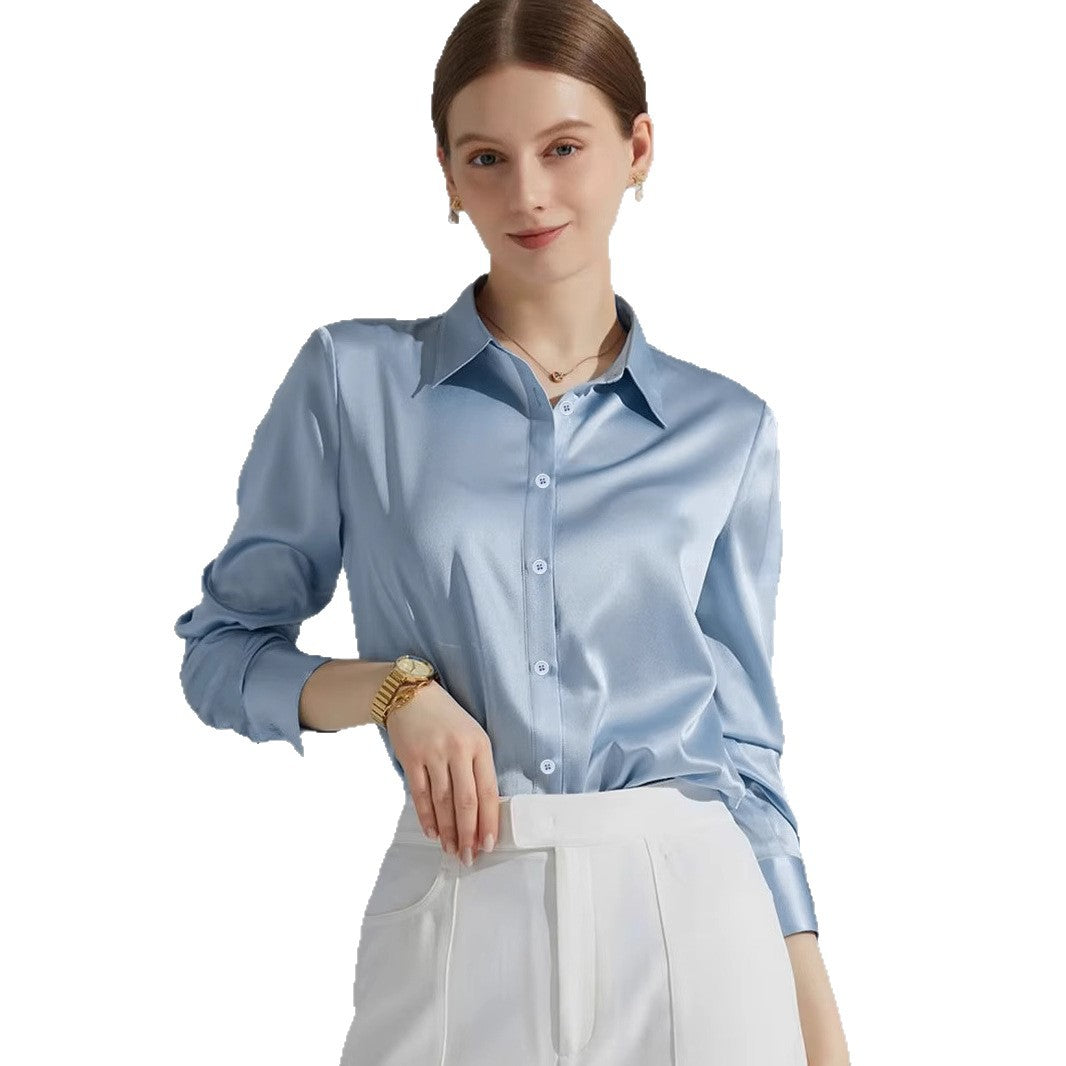 Damen Luxus Satin-Bluse mit elegantem Kragen und weichen Ärmeln Heidi-Mode