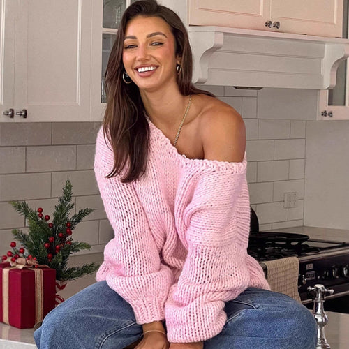 Damen oversized Strickpullover mit offenen Schultern und voluminösen Ärmeln Heidi-Mode