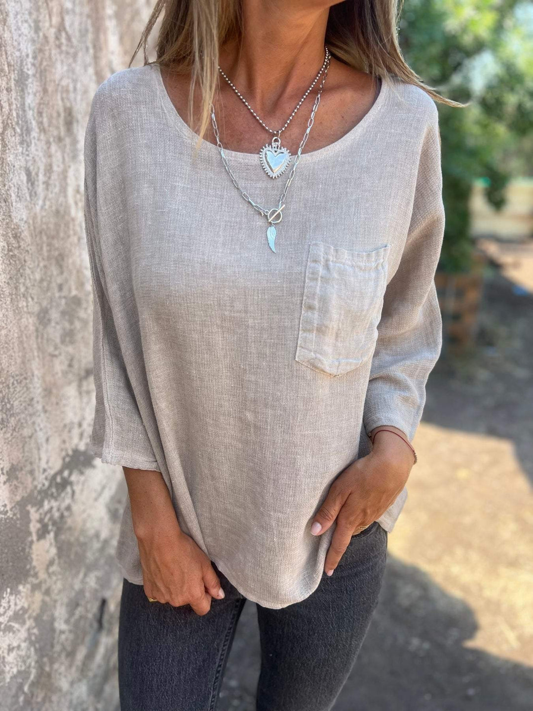 Damen lässiges Leinen-Oberteil mit lockerer Passform und Brusttasche Heidi-Mode