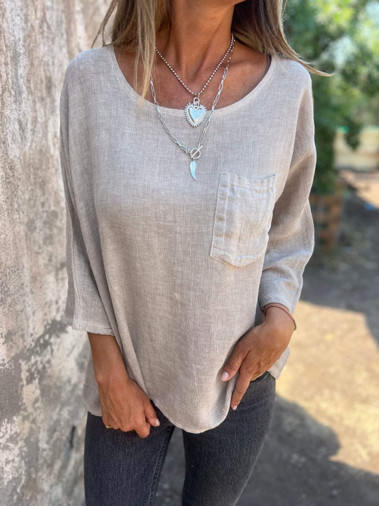 Damen lässiges Leinen-Oberteil mit lockerer Passform und Brusttasche Heidi-Mode