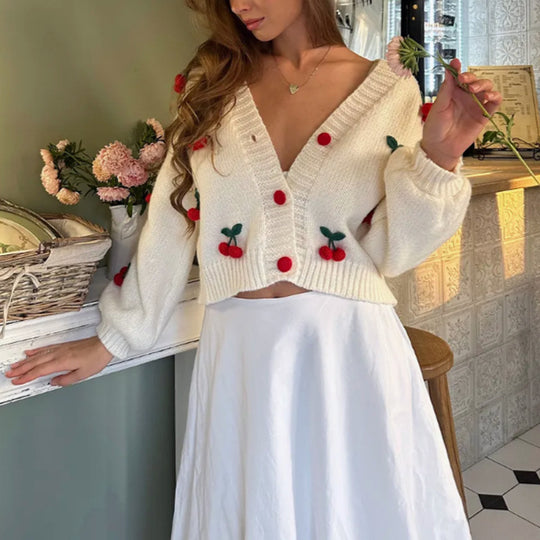 Damen Strickjacke mit floralem Stickdesign und geripptem Bund Heidi-Mode