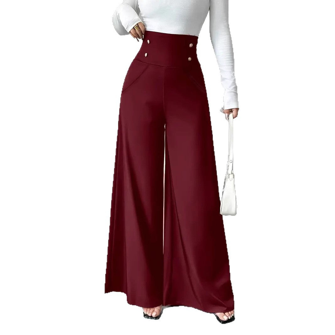 Damen Hochtaillierte Palazzo-Hose mit dekorativen Knöpfen Heidi-Mode