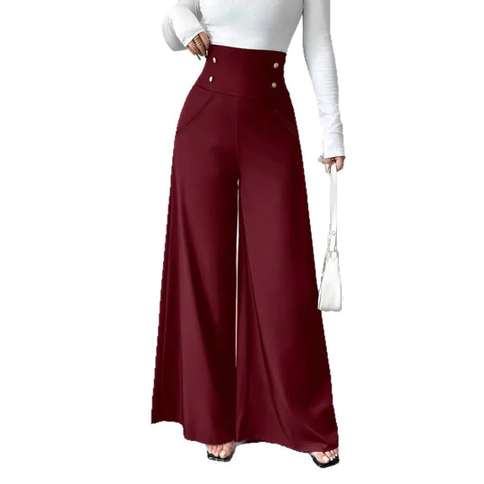 Damen Hochtaillierte Palazzo-Hose mit dekorativen Knöpfen Heidi-Mode