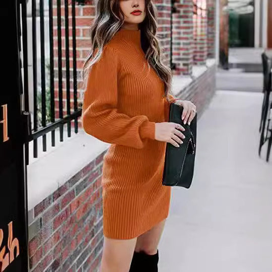 Damen Strickkleid mit hohem Kragen und Puffärmeln Heidi-Mode