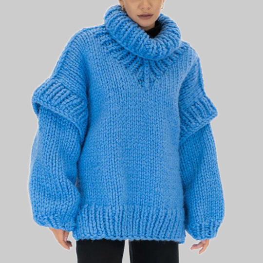 Damen Lockerer Strickpullover mit voluminösen Ärmeln und hohem Kragen Heidi-Mode
