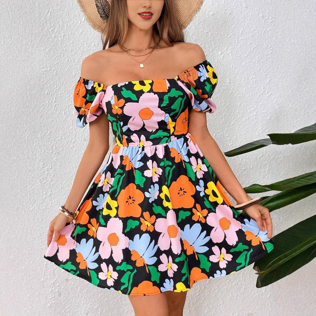 Heidi-Mode | V-Ausschnitt Bedrucktes Strand Kleid mit Laternenärmeln