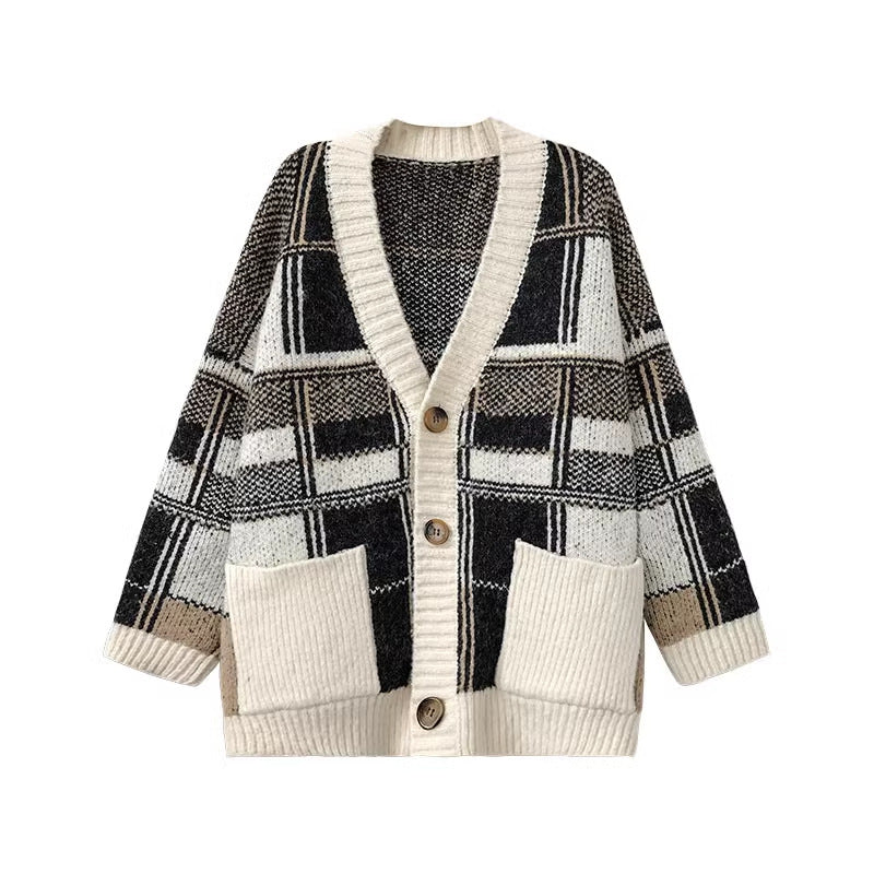 Damen Modischer Oversized Cardigan mit Karomuster Heidi-Mode