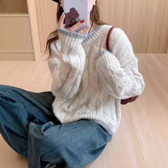 Damen Grob gestrickter Pullover mit Zopfmuster und Rundhalsausschnitt Heidi-Mode