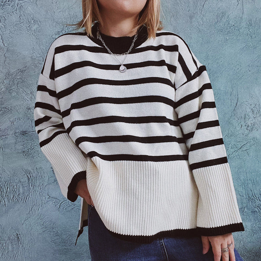 Damen lässiger Strickpullover mit modernem Streifenmuster und feiner Rippstruktur Heidi-Mode