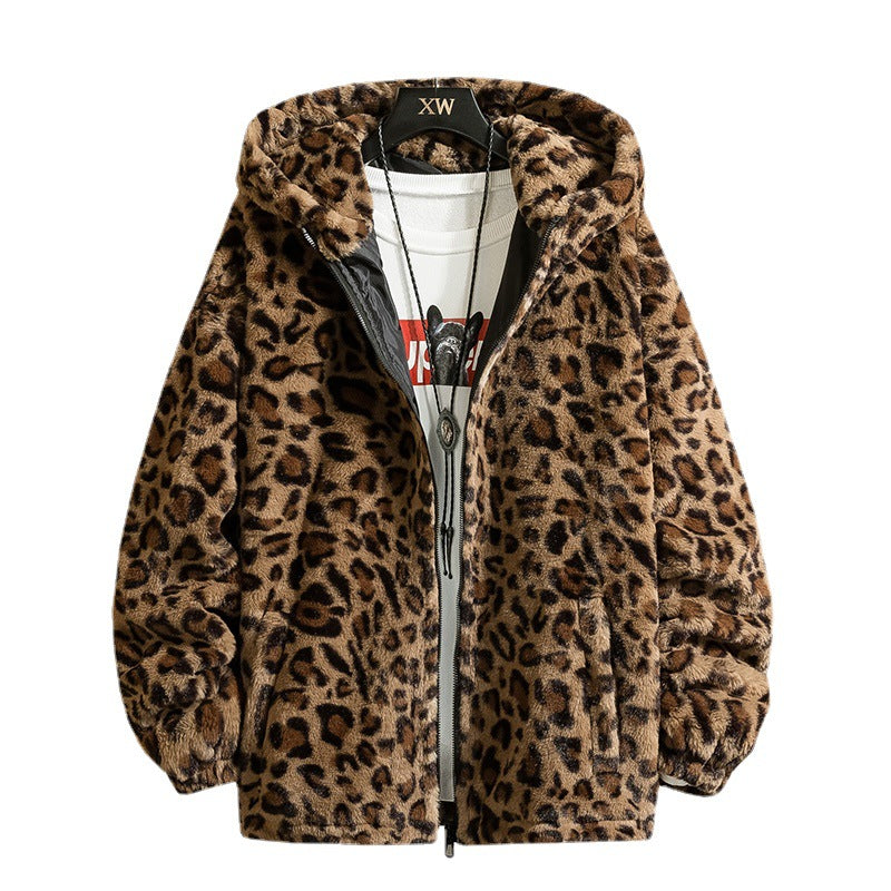 Damen kuschelige Fleecejacke mit Leopardenmuster und Kapuze Heidi-Mode