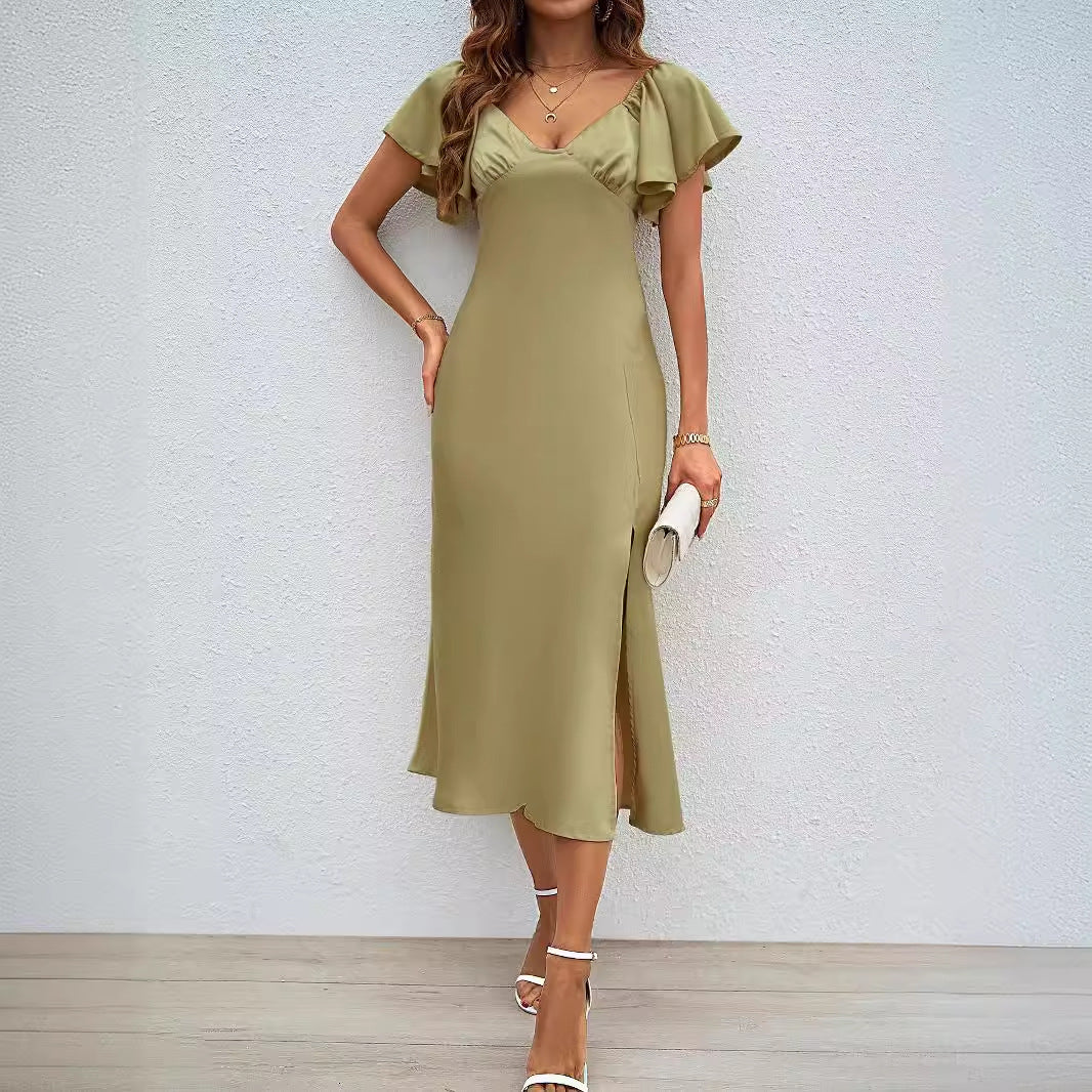 Damen Maxikleid mit eleganten Puffärmeln und seitlichem Schlitz Heidi-Mode