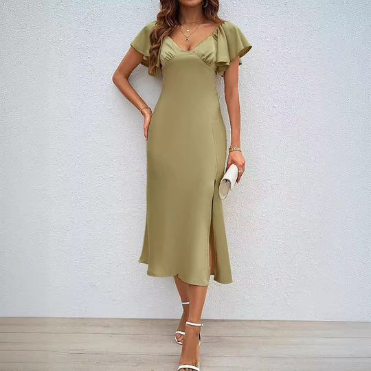 Damen Maxikleid mit eleganten Puffärmeln und seitlichem Schlitz Heidi-Mode