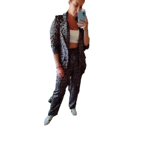 Damen elegantes Leinenanzug-Set im Leopardenmuster mit tailliertem Blazer und geraden Hose Heidi-Mode