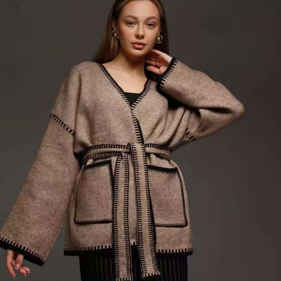 Damen Komfortabler Strick-Cardigan mit praktischen Taschen und Taillengürtel Heidi-Mode