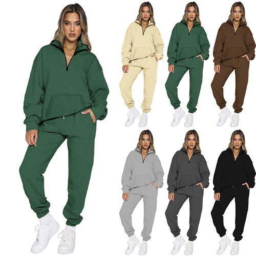 Damen gemütlicher Two-Piece Sweatsuit mit halbem Reißverschluss und praktischen Taschen Heidi-Mode