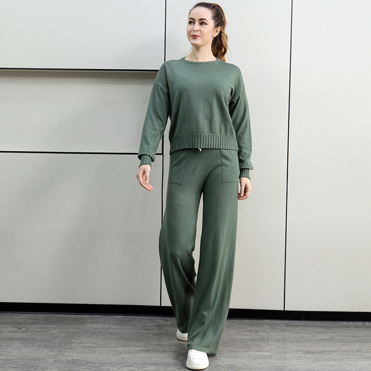 Damen gemütliches Strick-Loungewear-Set mit weitem Schnitt und praktischen Taschen Heidi-Mode