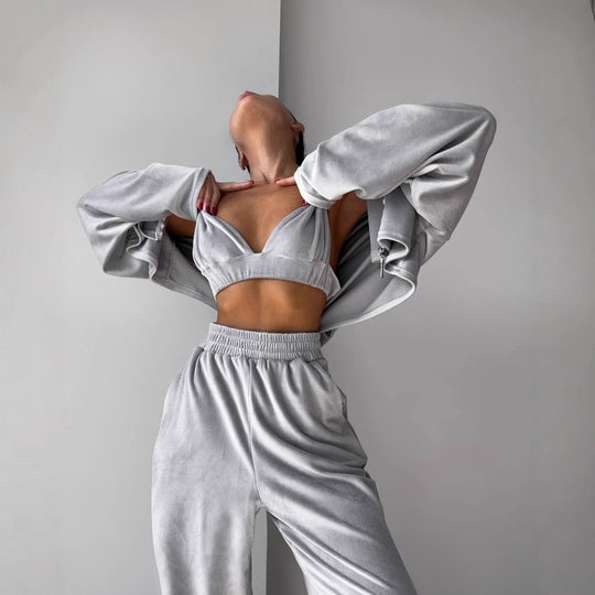 Damen luxuriöses Fleece-Loungewear-Set mit hohem Kragen und weitem Schnitt Heidi-Mode