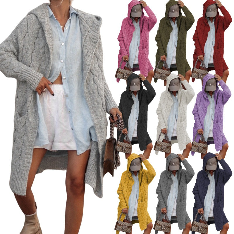 Damen Grobstrick-Cardigan mit offenem Schnitt und Kapuze Heidi-Mode