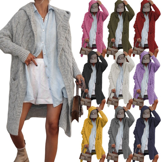Damen Grobstrick-Cardigan mit offenem Schnitt und Kapuze Heidi-Mode