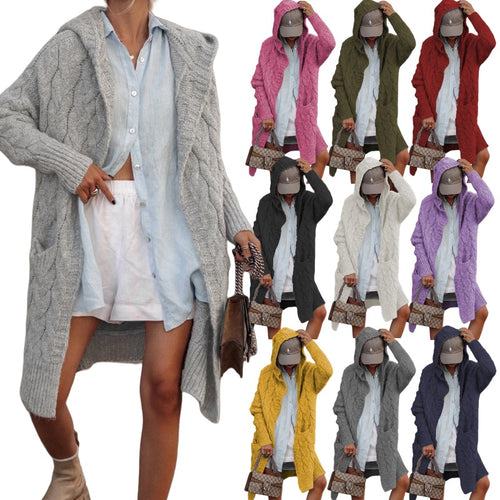 Damen Grobstrick-Cardigan mit offenem Schnitt und Kapuze Heidi-Mode