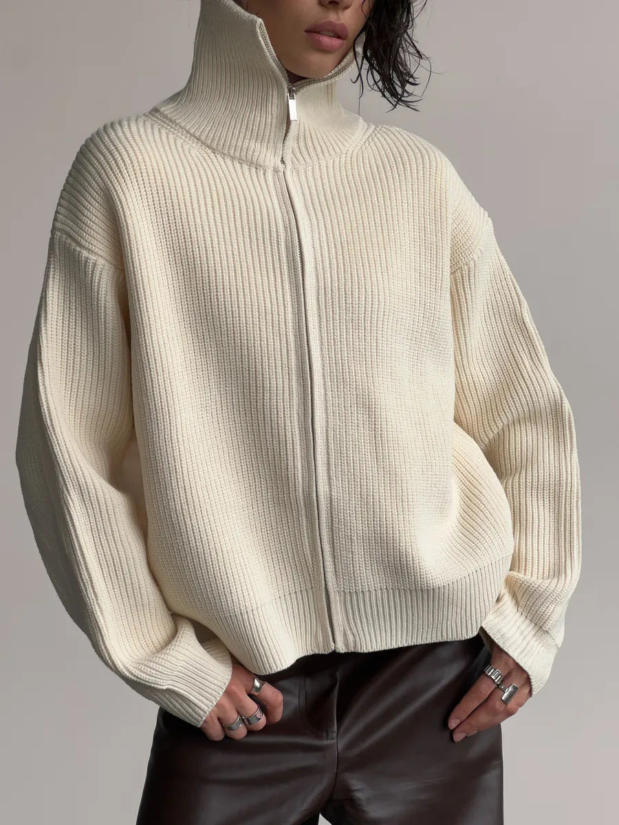 Damen Pullover mit hochschließendem Reißverschluss und strukturiertem Maschenmuster Heidi-Mode