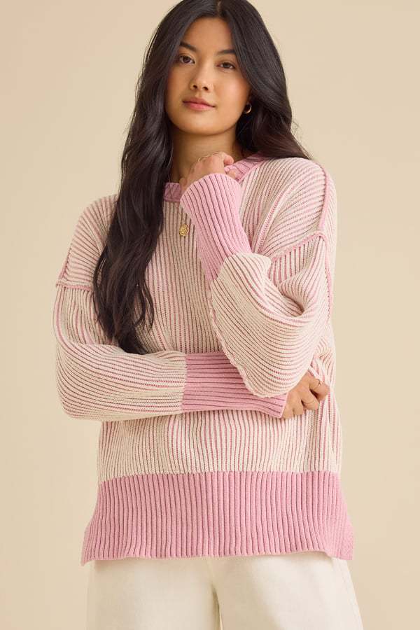 Damen lässiger Strickpullover mit modernem Rippenmuster und überschnittenen Schultern Heidi-Mode