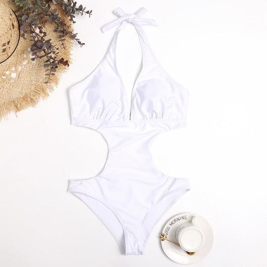 Damen Cut-Out Badeanzug mit verstellbarem Halsband und tiefem V-Ausschnitt Heidi-Mode