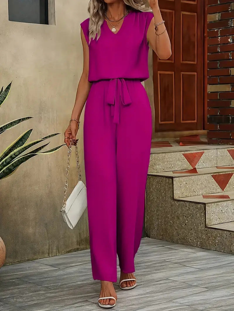 Damen Eleganter Jumpsuit mit V-Ausschnitt und Taillenknoten Heidi-Mode