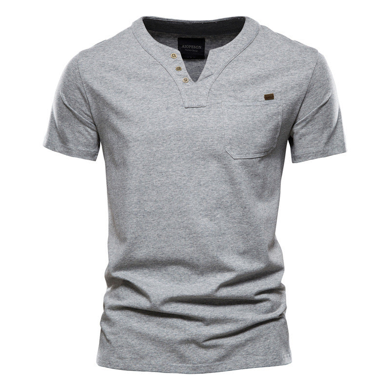 Herren V-Ausschnitt T-Shirt mit Druckknöpfen und Brusttasche Heidi-Mode