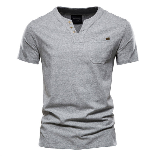 Herren V-Ausschnitt T-Shirt mit Druckknöpfen und Brusttasche Heidi-Mode