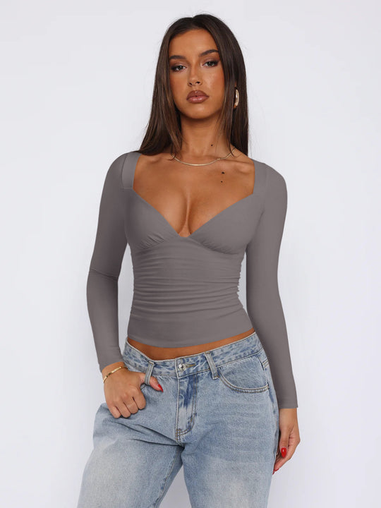 Damen figurbetontes Langarmoberteil mit V-Ausschnitt und Raffungen Heidi-Mode