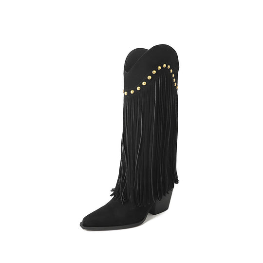 Damen Fransen Stiletto Kniehohe Stiefel mit dekorativen Nieten Heidi-Mode