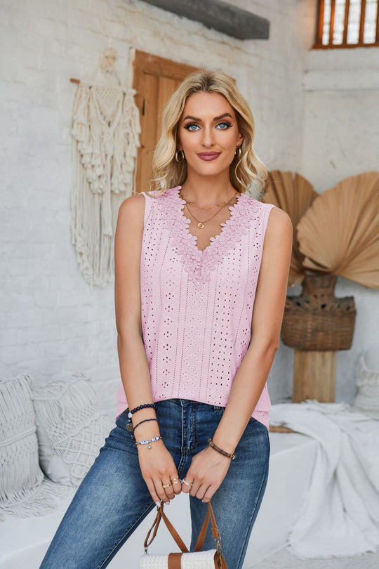 Damen ärmelloses Oberteil mit dekorativen Lochmustern und Spitzenverzierung Heidi-Mode