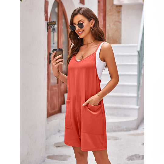 Damen komfortabler Overall mit tiefem Ausschnitt und praktischen Taschen Heidi-Mode