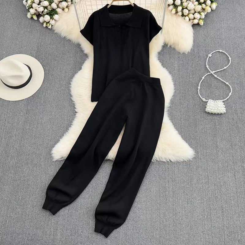 Damen elegantes Lounge-Set mit kurzärmligem Polo und weiten Hosen Heidi-Mode
