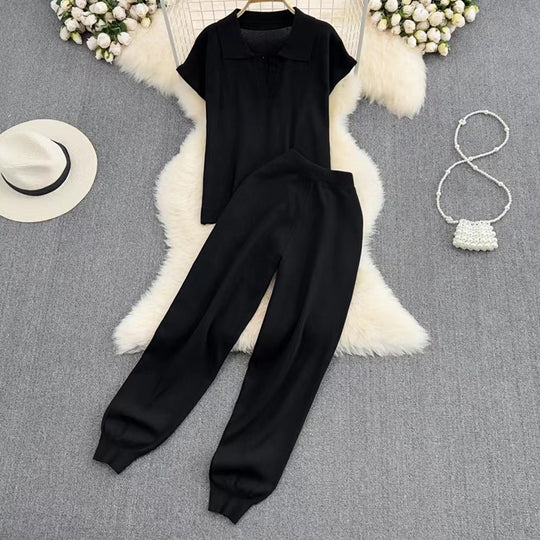 Damen elegantes Lounge-Set mit kurzärmligem Polo und weiten Hosen Heidi-Mode